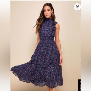Lulus Evalina Navy Blue Floral Print Mock Neck Midi Dress Size Small